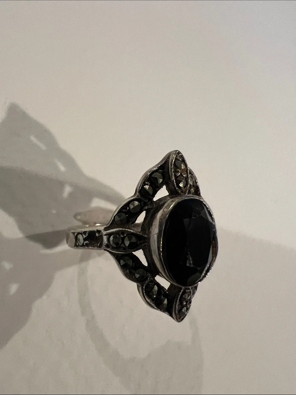 Sterling Silver Faceted Black Stone Marcasite Vintage Women's Ring